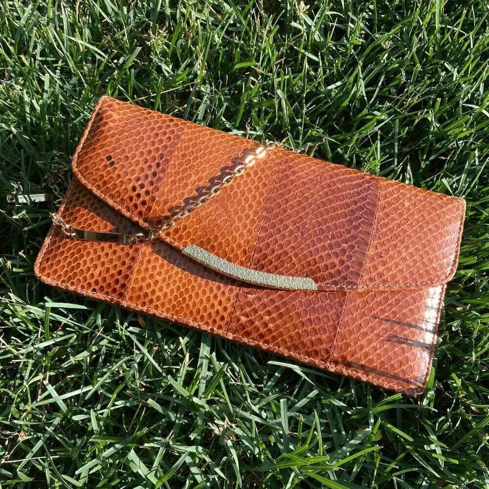 Vintage 1950s Genuine Snake Skin Gold Chain Crossbody Bag Clutch